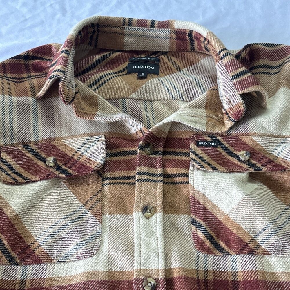 Brixton Bowery Plaid Flannel Shirt Mens Small Brown Rust Gold Long Sleeve - Picture 4 of 13